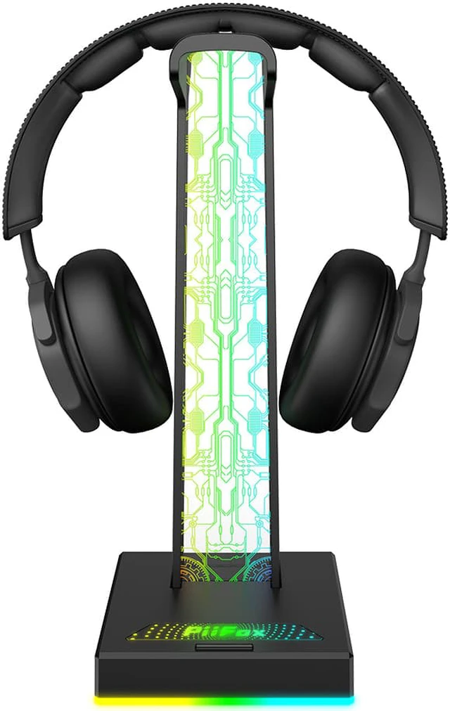 Alt view image 2 of 7 - RGB Headset Holder RGB Gamer Headphone Stand with 2 USB Charger Ports & 3.5mm Audio Jack