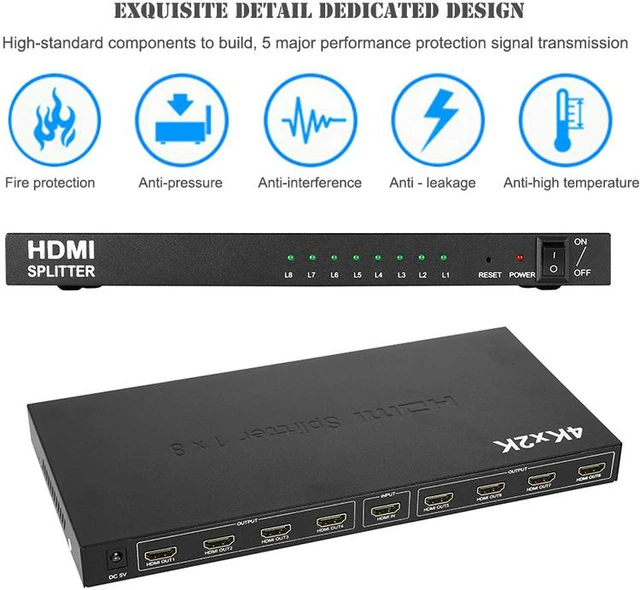 Alt view image 4 of 8 - 1 in 8 Out 4K HDMI Splitter 1x8 Ports Video Box Supports Full Ultra HD 4K/2K@ 30Hz 1080p and 3D Resolutions for PC Blu-Ray Player HDTV