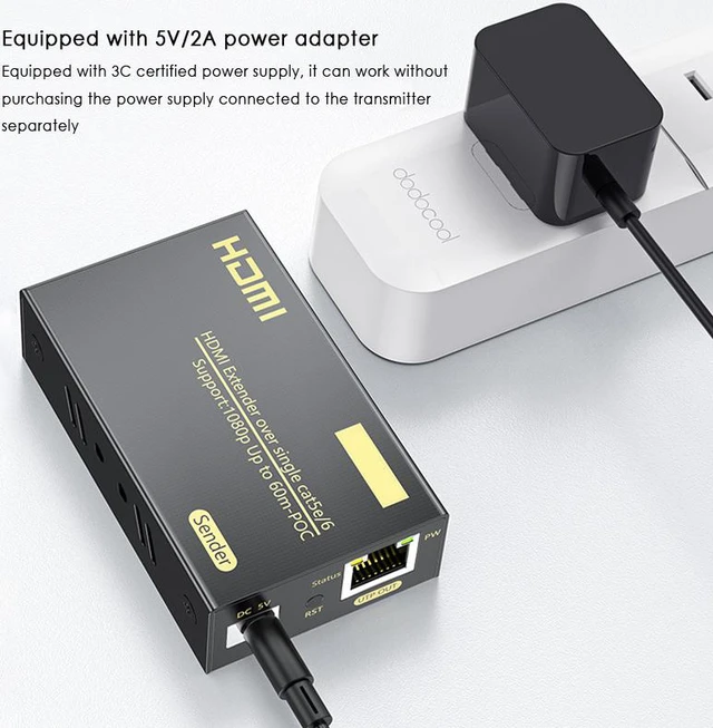 Alt view image 4 of 8 - 1080P HDMI Extender Sender & Receiver RJ45 ( HDMI-Ethernet Extender)1080P Up to 60M Over CAT 5e &6 Cable Audio and Video Synchronization Output Plug and Play