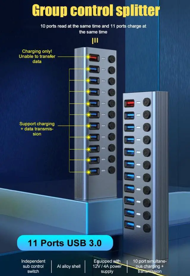 Alt view image 2 of 8 - USB 3.0 Hub 3.0 Multi USB Splitter with Power Adapter 10 Ports USB3.0 + 1 Port Fast charger Hub