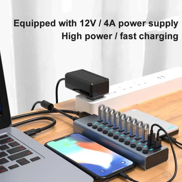 Alt view image 7 of 8 - USB 3.0 Hub 3.0 Multi USB Splitter with Power Adapter 10 Ports USB3.0 + 1 Port Fast charger Hub