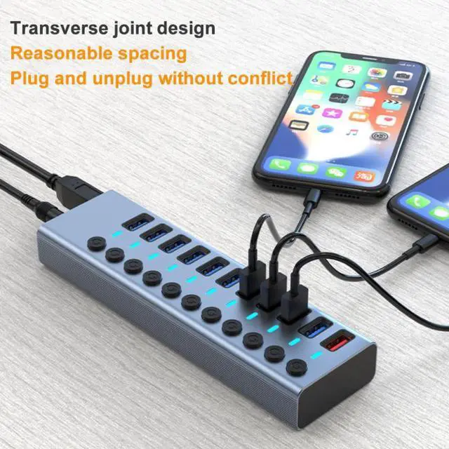 Alt view image 6 of 8 - USB 3.0 Hub 3.0 Multi USB Splitter with Power Adapter 10 Ports USB3.0 + 1 Port Fast charger Hub