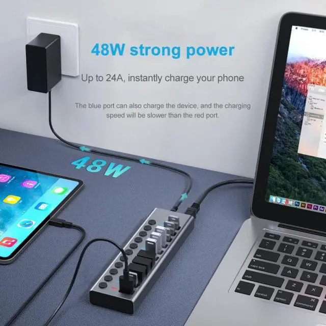 Alt view image 5 of 8 - USB 3.0 Hub 3.0 Multi USB Splitter with Power Adapter 10 Ports USB3.0 + 1 Port Fast charger Hub
