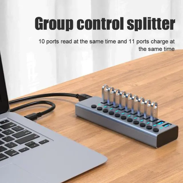 Alt view image 3 of 8 - USB 3.0 Hub 3.0 Multi USB Splitter with Power Adapter 10 Ports USB3.0 + 1 Port Fast charger Hub