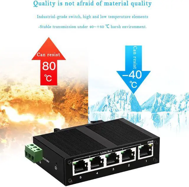 Alt view image 7 of 8 - Industrial Grade Fast Ethernet Network Switch 5-Port 10Mbps/100Mbps RJ45 Unmanaged Network Splitter Switch with DIN Rail IP40 Protective Metal Shell