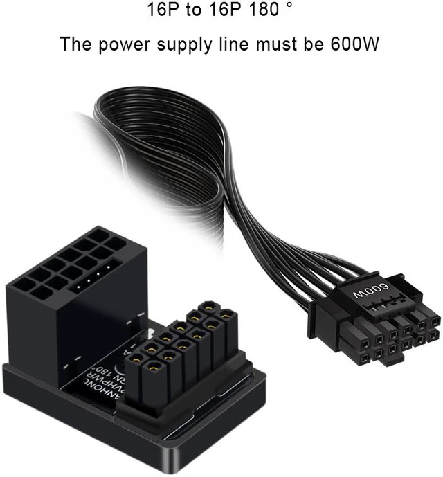 Alt view image 7 of 8 - 16P to 16P PCIe 5.0 Graphics Card Connector Adapter ATX3.0 Power Supply 12VHPWR 12+4 16P 600W Male/Female 180 Degree Steering Head - Mode B - Black