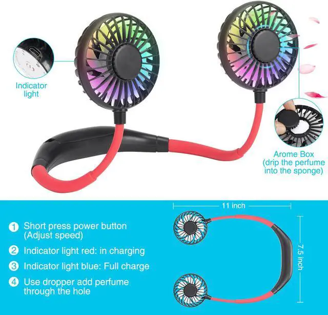 Alt view image 4 of 8 - Portable Hanging Neck Fans USB Rechargeable Mini Air Cooling Fan Air Conditioner Wearable Neckband Fans with Colorful breathing light