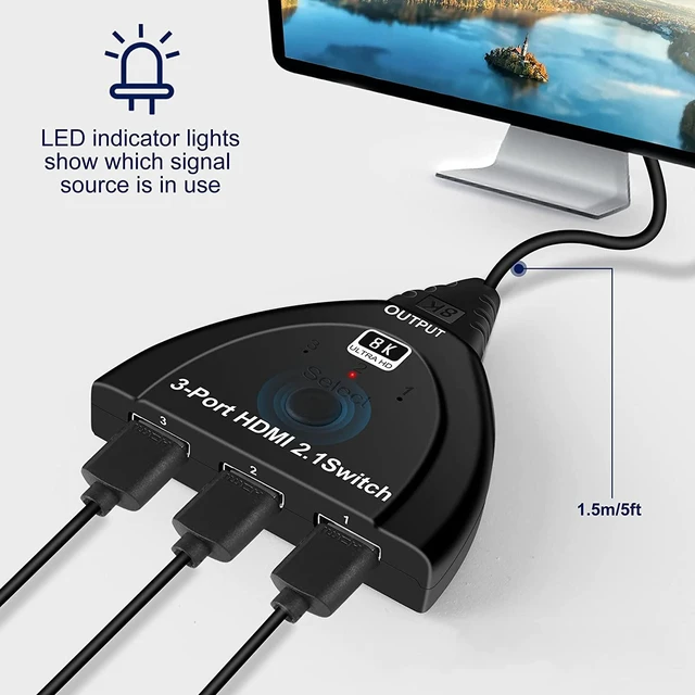Alt view image 2 of 8 - 8K@60Hz HDMI Switch 3 in 1 out, 3 Ports HDMI 2.1 Switcher 3x1 HDMI Switcher Selector Support 4K@120Hz, 1080P, 3D for Xbox, PS5/4, Blu-Ray Player, Fire Stick, Roku, HDTV