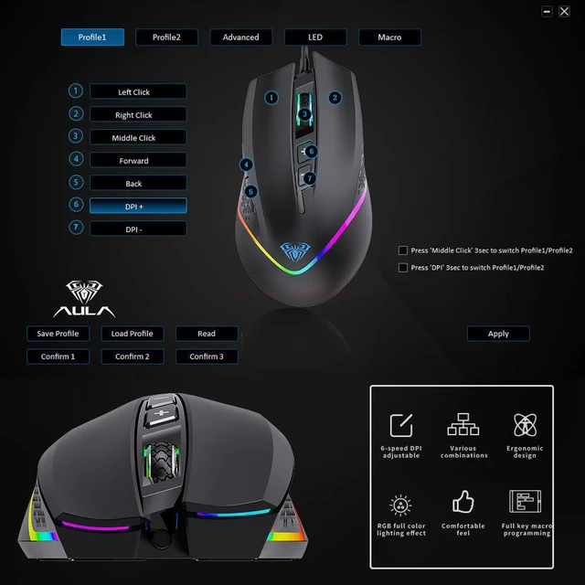 Alt view image 4 of 7 - RGB Wired Programmable Gaming Mouse 6400 DPI Ergonomic Computer Optical Mice for Pc Gamer Desktop Laptop