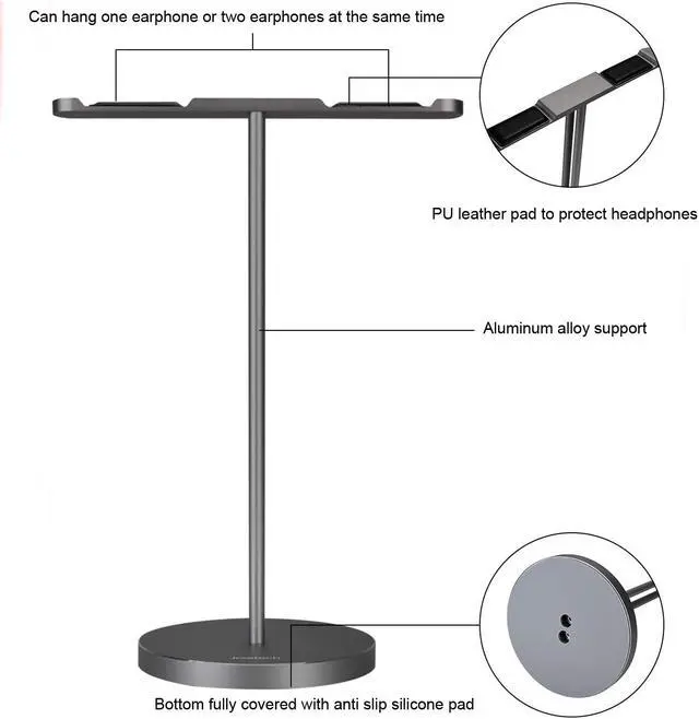 Alt view image 3 of 8 - Aluminum Alloy Headphone Stand Support PC Gaming Headsets Holder Hanger Detachable Metal Earphone Rack Brace