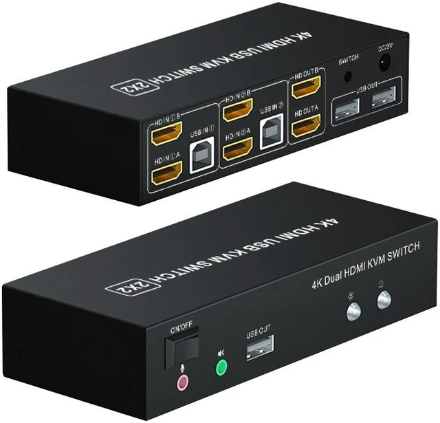 Alt view image 2 of 7 - 2 X 2 HDMI KVM Switch 4K 60Hz Dual Monitor KVM Switch 2 In 2 Out USB HDMI KVM Switcher 3840*2160@60Hz 3.5mm Microphone Audio Input with Desk Wired Switch