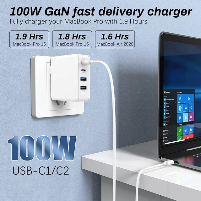 Alt view image 2 of 8 - 100W GaN Fast Charging Power Adapter Dual USB A Type C Portable Charger 4 Ports QC 3.0 High Speed Wall Charger for Laptop Notebook Phone