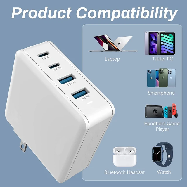 Alt view image 5 of 8 - 100W GaN Fast Charging Power Adapter Dual USB A Type C Portable Charger 4 Ports QC 3.0 High Speed Wall Charger for Laptop Notebook Phone