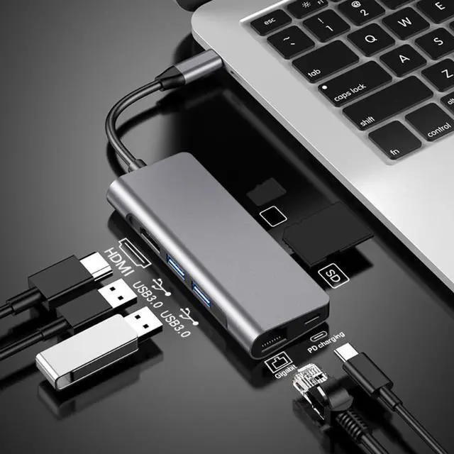Alt view image 3 of 7 - 7 in 1 USB C Hub Type-C to 4K HDMI 2 USB 3.0 SD/TF Card Readers RJ45 PD Fast Charging Adapter Docking Station for MacBook Pro