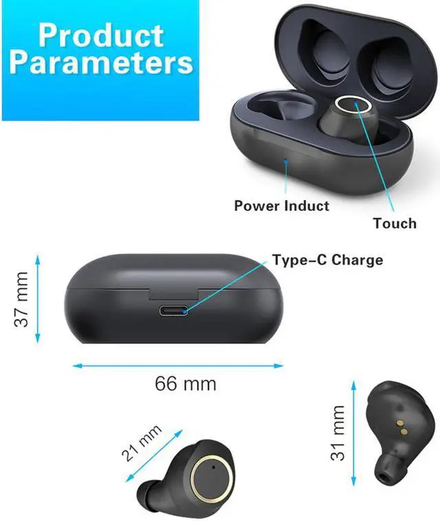 Alt view image 7 of 13 - TWS Bluetooth Earphone with Microphone Fingerprint Touch Wireless Headphones HD Stereo Noise Cancelling Music Earbud Headset
