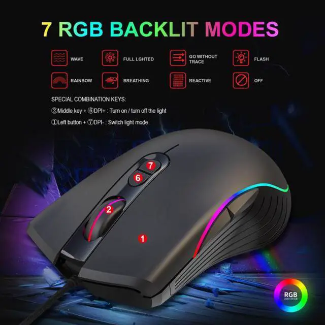 Alt view image 2 of 7 - Gaming Mouse 7 Buttons 6400Dpi Optical USB Wired Desktop Mice RGB Backlit Mice for PC Computer Laptop Gamers