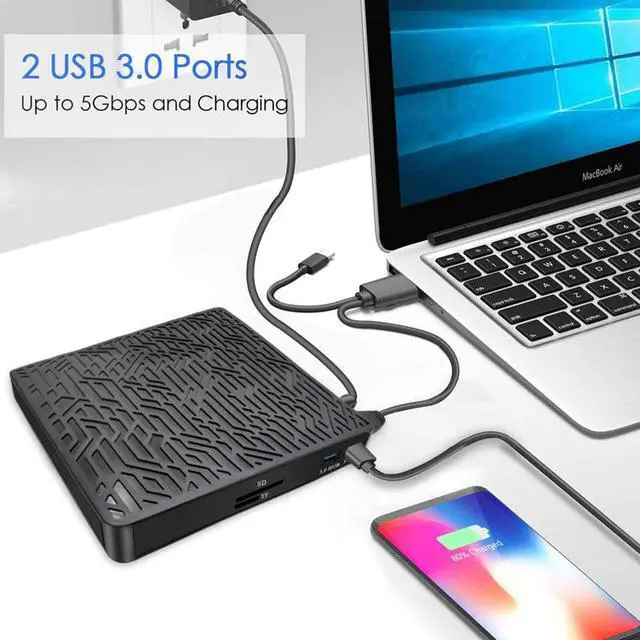 Alt view image 2 of 7 - External CD DVD Drive, 2-Port Hub USB 3.0 with Type-C SD/TF Card Reader CD/DVD +/-Rw Drive ROM Rewriter Burner for Laptop Desktop MacBook Mac OS Windows 10 8 7 XP Vista