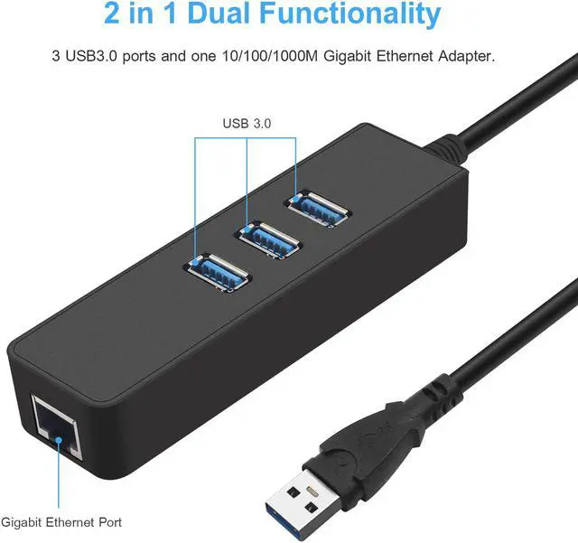 Alt view image 3 of 8 - 3 Ports USB Hub USB 3.0 To RJ45 Gigabit Ethernet LAN Wired Network Adapter 10/100/1000 Mbps For Windows Mac Laptop