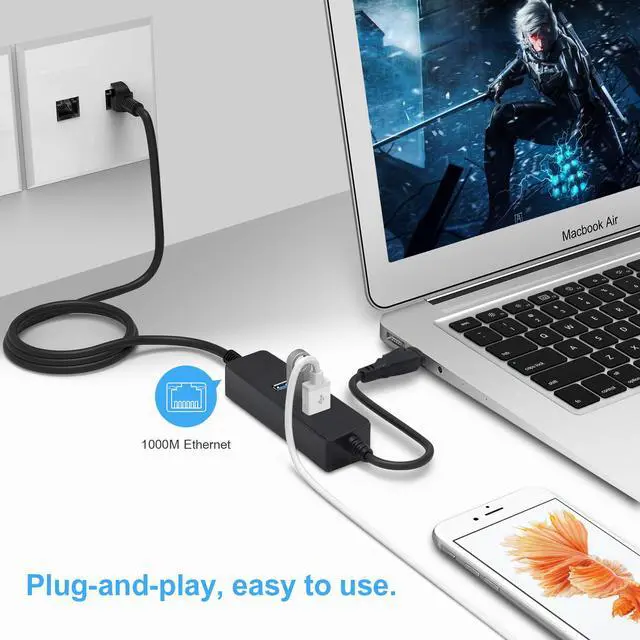 Alt view image 5 of 8 - 3 Ports USB Hub USB 3.0 To RJ45 Gigabit Ethernet LAN Wired Network Adapter 10/100/1000 Mbps For Windows Mac Laptop