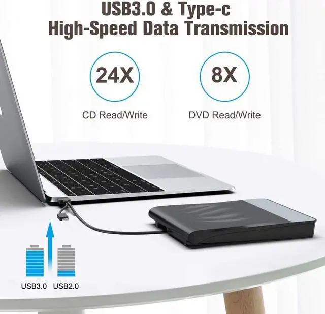 Alt view image 2 of 7 - [Updated] External CD DVD Drive, USB 3.0 Type-C Superdrive Portable Burner Player Writer CD DVD +/RW, Compatible with Windows 10 8 7 XP Vista Mac OS System for Mac Pro Air iMac
