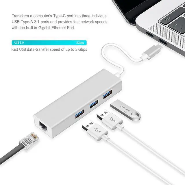 Alt view image 2 of 7 - Type-C To RJ45 Network Card Hundred Trillion USB 3.0 Hub Type C To RJ45 Hub USB 3.0 Ethernet Network Adapter