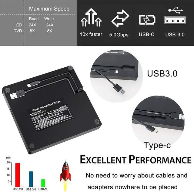 Alt view image 7 of 7 - External DVD Drive Optical Drive USB 3.0/Type C CD ROM Player CD-RW Burner Writer Reader Recorder Portable for Laptop Windows PC