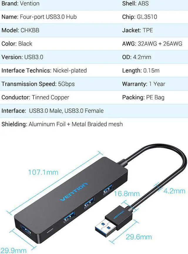 Alt view image 7 of 7 - 4 Ports USB Hub USB 3.0 Hub for Printer Mac Notebook Laptop High Speed Multi USB Splitter USB Hab