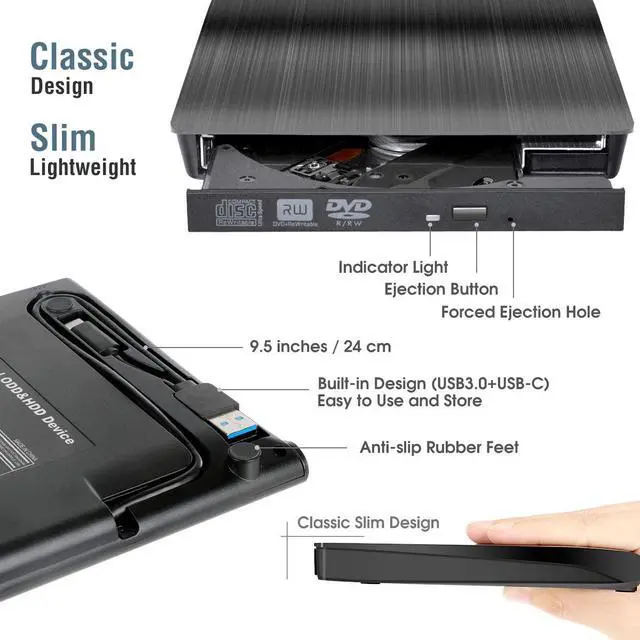 Alt view image 3 of 7 - USB 3.0 & USB-C External CD DVD Drive, Premium Portable CD/DVD +/-RW Drive/Writer/Burner Optical Player, Compatible for Windows 10 Laptop PC, MacBook Pro/Air, iMac, Mac OS