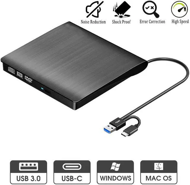 Main image of USB 3.0 & USB-C External CD DVD Drive, Premium Portable CD/DVD +/-RW Drive/Writer/Burner Optical Player, Compatible for Windows 10 Laptop PC, MacBook Pro/Air, iMac, Mac OS