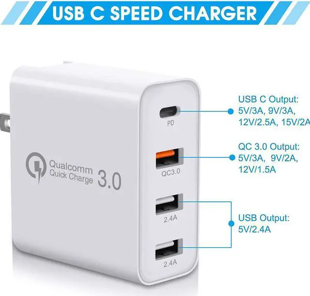 Alt view image 2 of 7 - QC 3.0+PD,USB C Charger,48W [PD 3.0+QC 3.0] USB Fast Charger Adapter, 4 Port USB PD Wall Plug Charging Station, Fast Charging for Smartphones,Tables, and More …