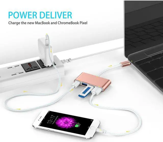 Alt view image 3 of 6 - 4-in-1 USB-C Hub with Type C, USB 3.0, USB 2.0 for MacBook Air 2018, MacBook Pro 13/15 (Thunderbolt 3), ChromeBook,More,Connecting & Multiport Charging Adapter