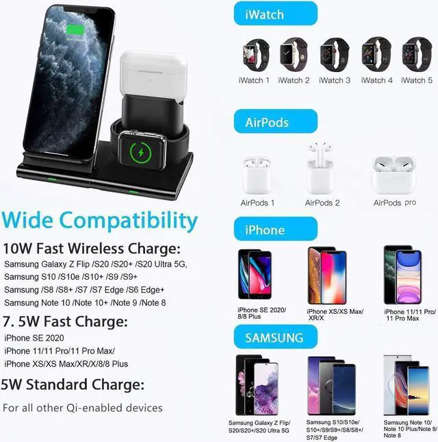 Alt view image 2 of 7 - 3in1 Magnetic Wireless Charging Station 10W Fast Qi Charging Stand for Apple watch 5 for Airpods Charger Dock for iPhone X 11 Pro Samsung