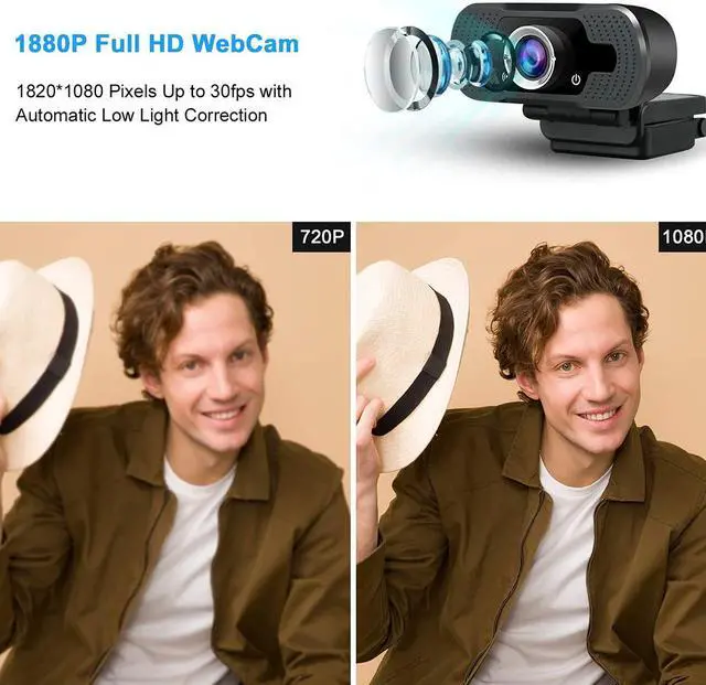 Alt view image 7 of 7 - Full HD Webcam, USB 1080P Webcam with Microphone, Pro Streaming Camera for Video Calling, Mini Plug and Play, Webcam Cover, Conferencing,Flexible Rotatable Clip