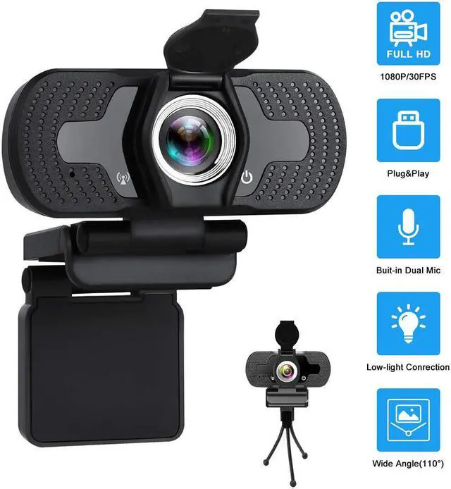 Main image of Full HD Webcam, USB 1080P Webcam with Microphone, Pro Streaming Camera for Video Calling, Mini Plug and Play, Webcam Cover, Conferencing,Flexible Rotatable Clip
