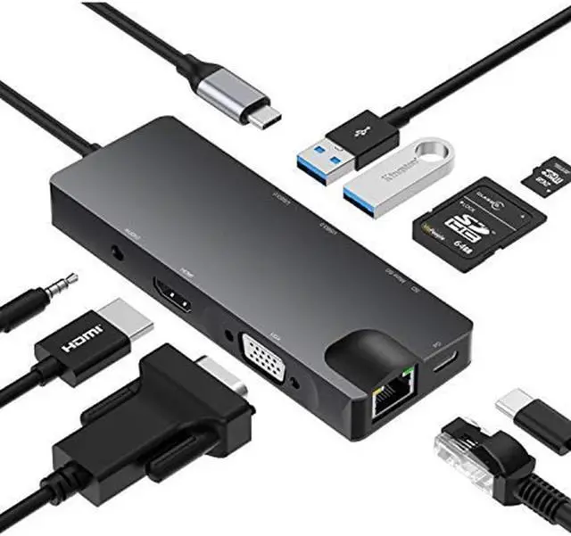 Main image of USB C Hub,, 9-in-1 Type-C Docking Station Hub Type C to 2 x USB 3.0, 4K HD HDMI VGA RJ45 Gigabit Network SD Card Slot With 3.5mm Audio Jack Adapter Compatible Apple MacBook Pro 13/15 (Thunderbolt 3)