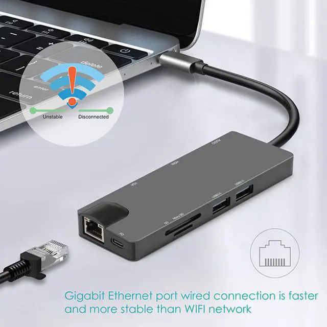 Alt view image 5 of 7 - USB C Hub,, 9-in-1 Type-C Docking Station Hub Type C to 2 x USB 3.0, 4K HD HDMI VGA RJ45 Gigabit Network SD Card Slot With 3.5mm Audio Jack Adapter Compatible Apple MacBook Pro 13/15 (Thunderbolt 3)