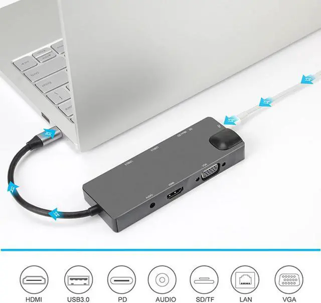 Alt view image 6 of 7 - USB C Hub,, 9-in-1 Type-C Docking Station Hub Type C to 2 x USB 3.0, 4K HD HDMI VGA RJ45 Gigabit Network SD Card Slot With 3.5mm Audio Jack Adapter Compatible Apple MacBook Pro 13/15 (Thunderbolt 3)