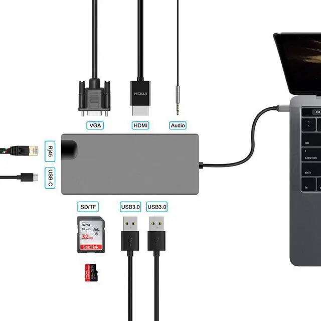 Alt view image 2 of 7 - USB C Hub,, 9-in-1 Type-C Docking Station Hub Type C to 2 x USB 3.0, 4K HD HDMI VGA RJ45 Gigabit Network SD Card Slot With 3.5mm Audio Jack Adapter Compatible Apple MacBook Pro 13/15 (Thunderbolt 3)