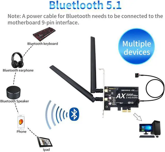 Alt view image 4 of 7 - 3000Mbps Wifi 6 Desktop PCIe Wireless Wifi Adapter Intel AX200 Bluetooth 5.1 Network Wifi Card 2.4G/5G 802.11ac/ax MU-MIMO
