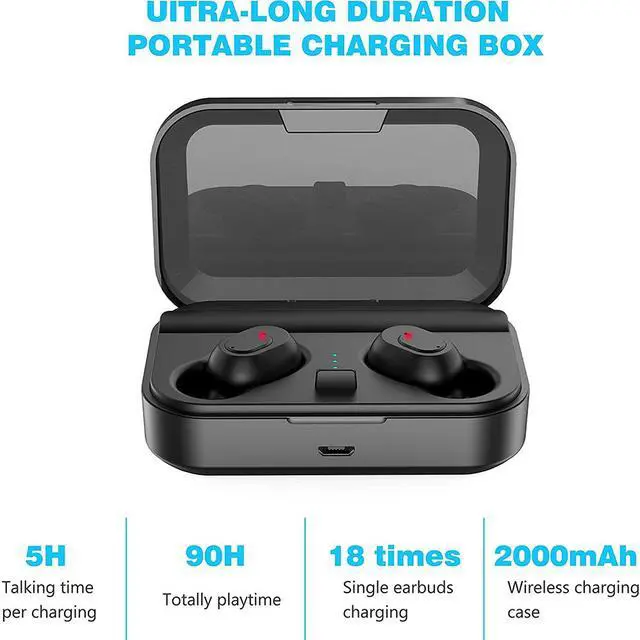 Alt view image 2 of 7 - Wireless Earbuds, Bluetooth 5.0 Headphones TWS Stereo Wireless Earphones Sweatproof Bluetooth Earbuds 90H Playtime in-Ear Headset Earphones with Charging Case Built-in Mic Deep Bass for Sports (Black)