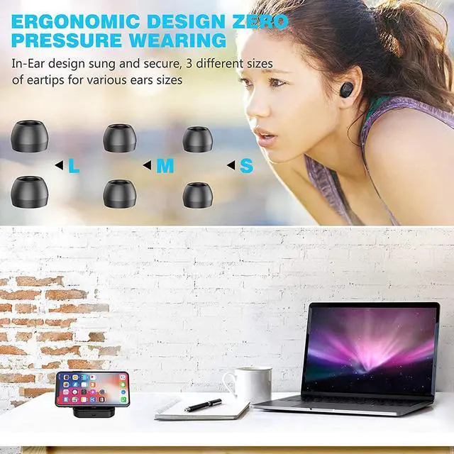 Alt view image 5 of 7 - Wireless Earbuds, Bluetooth 5.0 Headphones TWS Stereo Wireless Earphones Sweatproof Bluetooth Earbuds 90H Playtime in-Ear Headset Earphones with Charging Case Built-in Mic Deep Bass for Sports (Black)