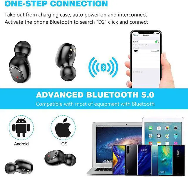 Alt view image 3 of 7 - Wireless Earbuds, Bluetooth 5.0 Headphones TWS Stereo Wireless Earphones Sweatproof Bluetooth Earbuds 90H Playtime in-Ear Headset Earphones with Charging Case Built-in Mic Deep Bass for Sports (Black)