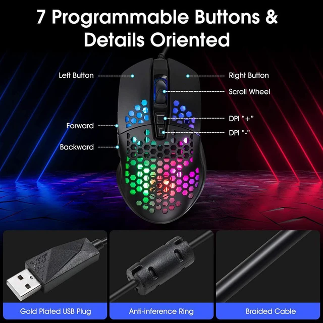Alt view image 4 of 7 - Lightweight Gaming Mouse, Wired USB Computer Gamer Mice with Ultralight Honeycomb Shell, RGB Chroma LED Light, 6400 DPI Adjustable, Pixart 3325, Programmable 7 Buttons Mouse for Windows 7/8/10/XP