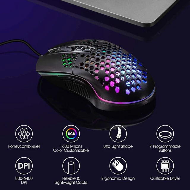Alt view image 2 of 7 - Lightweight Gaming Mouse, Wired USB Computer Gamer Mice with Ultralight Honeycomb Shell, RGB Chroma LED Light, 6400 DPI Adjustable, Pixart 3325, Programmable 7 Buttons Mouse for Windows 7/8/10/XP