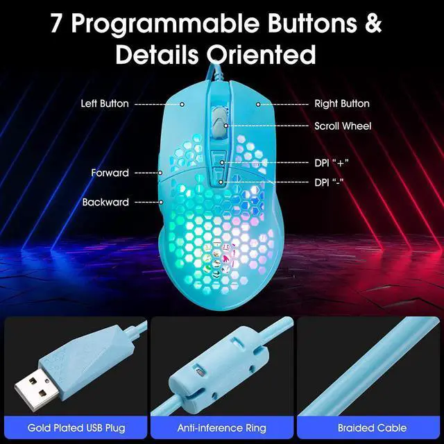 Alt view image 5 of 7 - Lightweight Gaming Mouse, Wired USB Computer Gamer Mice with Ultralight Honeycomb Shell, RGB Chroma LED Light, 6400 DPI Adjustable, Pixart 3325, Programmable 7 Buttons Mouse for Windows 7/8/10/XP