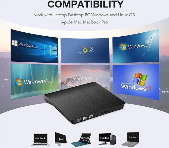 Alt view image 6 of 7 - External CD DVD Drive, USB 3.0 Portable CD/DVD +/-RW Drive Slim DVD/CD ROM Rewriter Burner Compatible with Laptop Desktop PC Windows Linux Mac OS