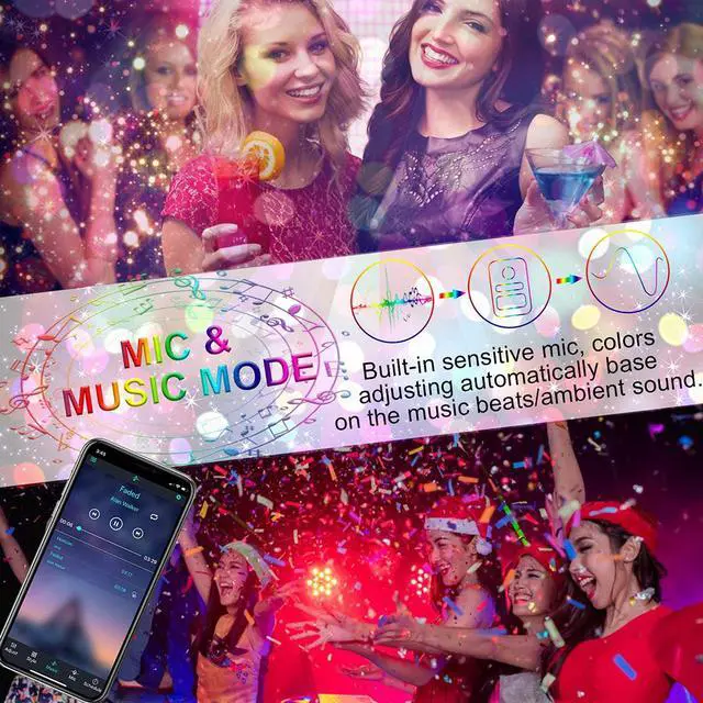 Alt view image 4 of 7 - LED Strip Lights RGB Strips 32.8ft/10M Tape Light 300 LEDs SMD5050 Waterproof Music Sync Color Changing + Bluetooth Controller + 24Key Remote Control Decoration for Home TV Party - APP Controlled