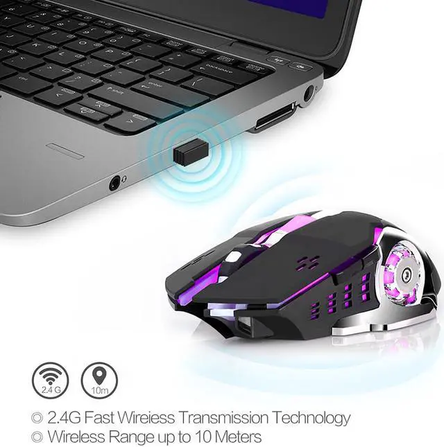 Alt view image 4 of 7 - Rechargeable 2.4Ghz Wireless Gaming Mouse with USB Receiver,7 Colors Backlit for MacBook, Computer PC, Laptop (600Mah Lithium Battery)