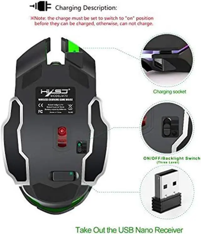 Alt view image 6 of 7 - Rechargeable 2.4Ghz Wireless Gaming Mouse with USB Receiver,7 Colors Backlit for MacBook, Computer PC, Laptop (600Mah Lithium Battery)