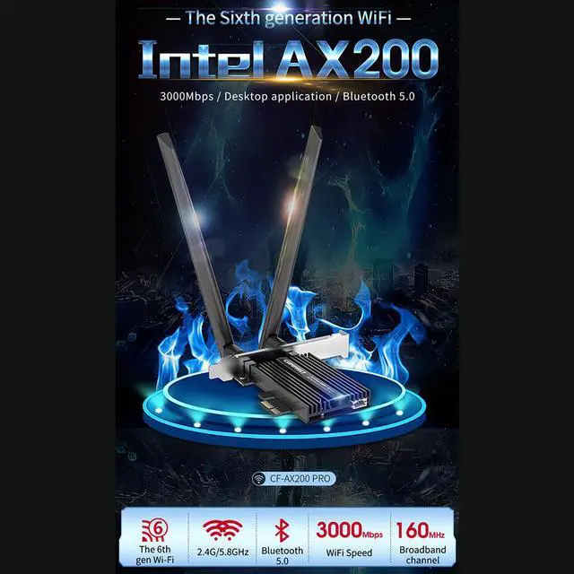 Alt view image 2 of 7 - AX200 3000Mbps Dual Band 2x 5dBi Wireless Desktop PCIe for Intel AX200 Pro Card 2.4G/5Ghz Bluetooth 5.0 PCI Express WiFi 6 Adapter for Windows 10